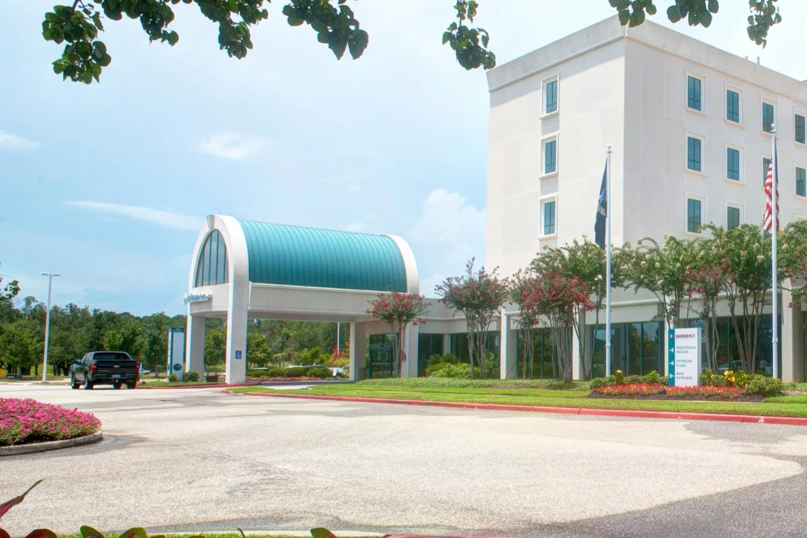 The covered main entrance of a hospital