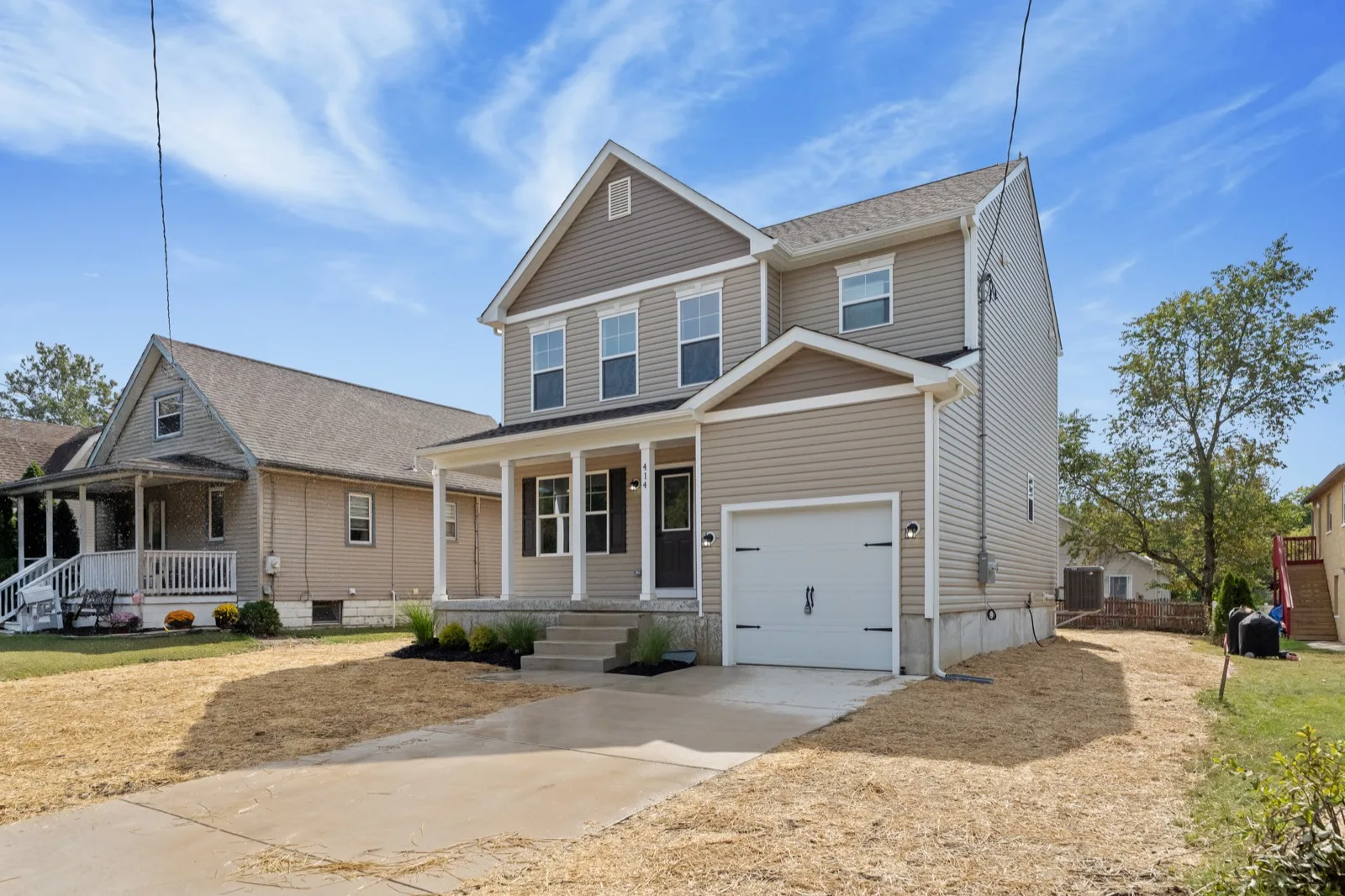 A newly built two story home in Swedesboro, Woolwich Township, on freshly seeded ground
