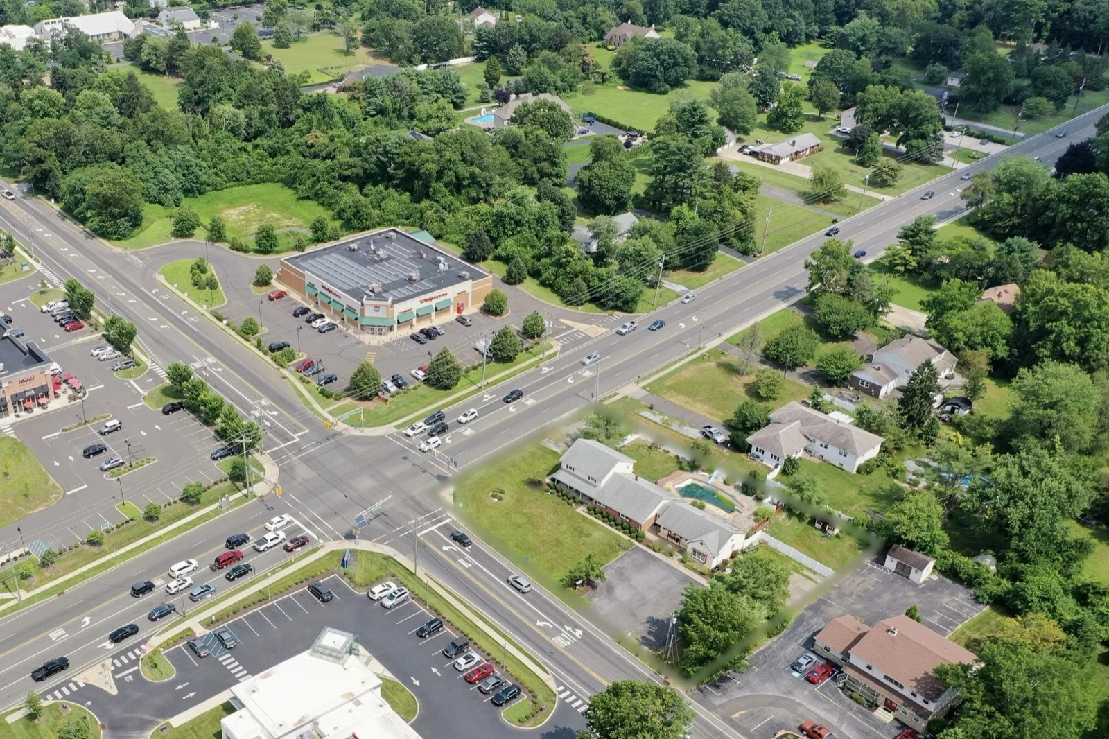 An aerial view of homes and roads in Sewell, New Jersey