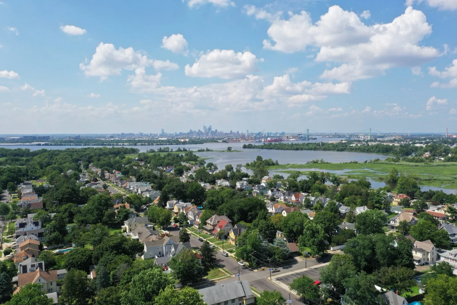 Aerial view of a Westville NJ neighborhood along the river